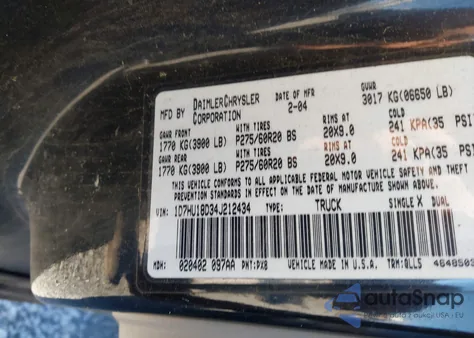 2004 Dodge Ram 1500 Slt/Laramie z USA, uszkodzony, nr VIN 1D7HU18D34J212434